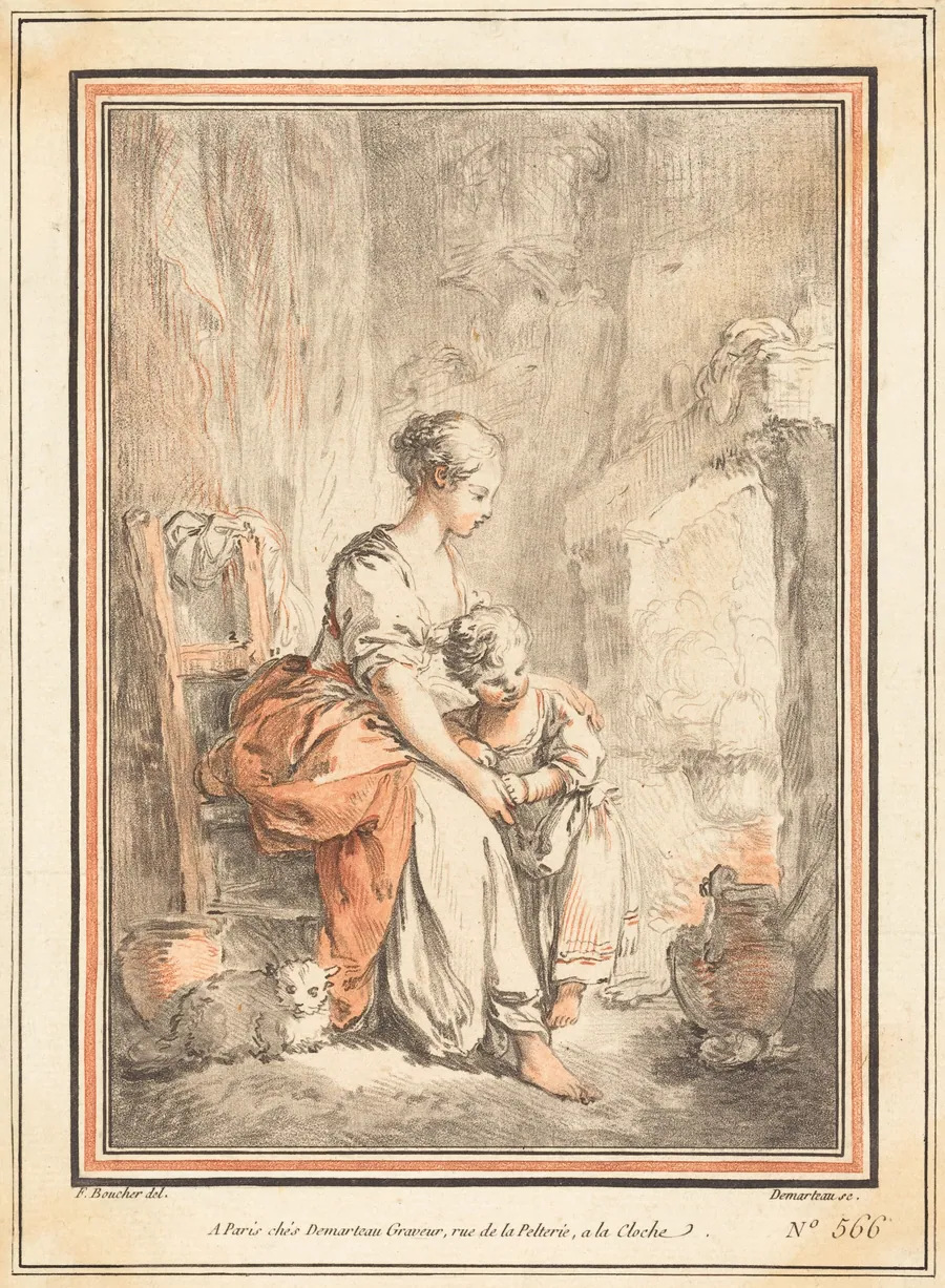 Woman and Child before a Fireplace by Gilles-Antoine Demarteau