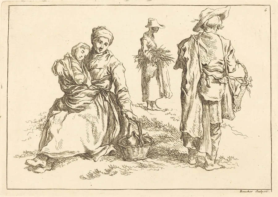 Seated Mother and Child, Two Standing Peasants by François Boucher
