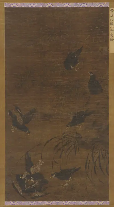 Eight mynah birds with bamboo and orchids