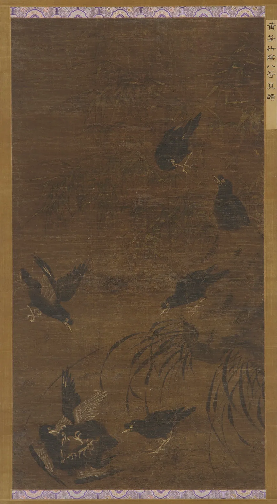 Eight mynah birds with bamboo and orchids by Formerly attributed to Huang Quan (903-968)