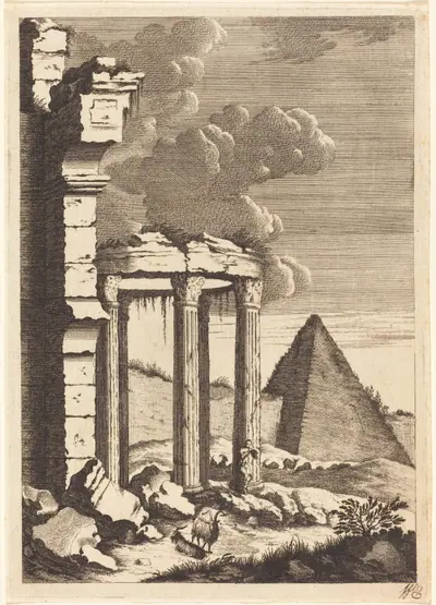 Goats before Ruins and a Pyramid