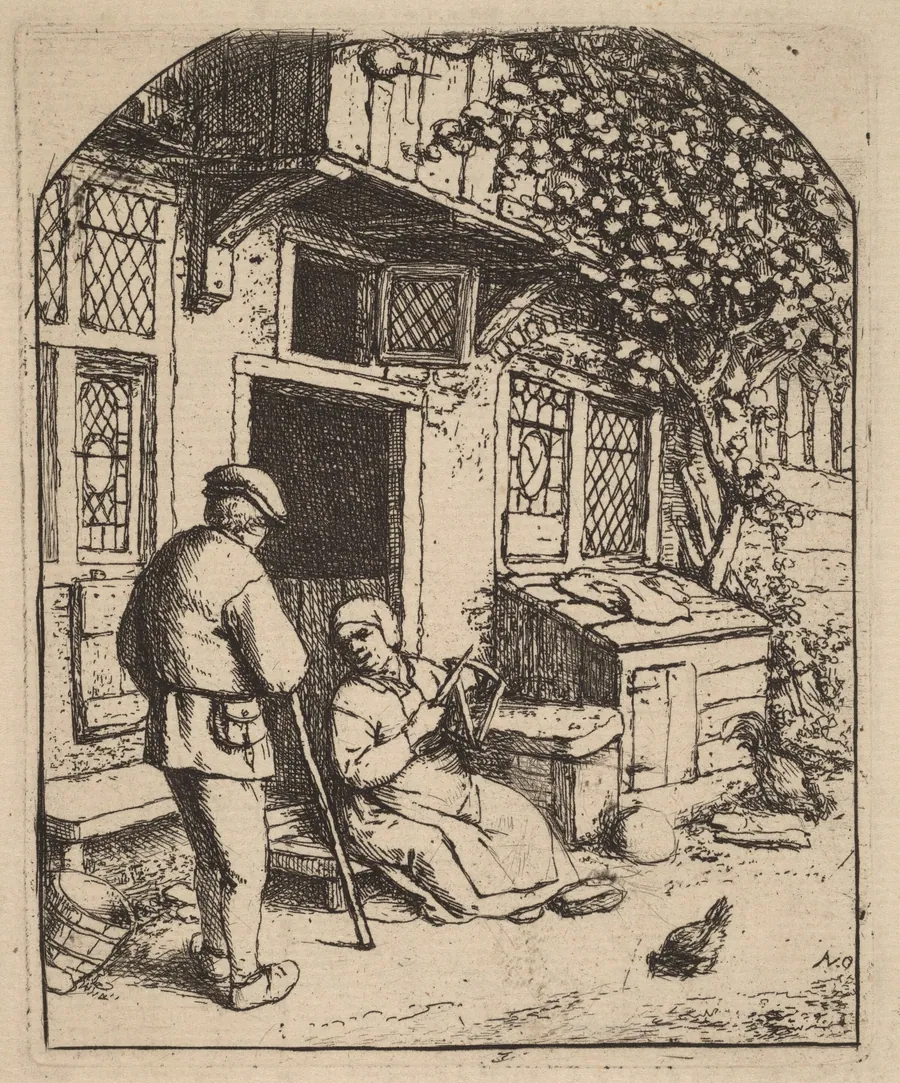 Two Peasants Outside a House, the Woman Winding Wool by Adriaen van Ostade