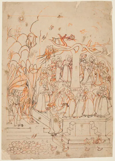 Krishna watches the milkmaids  circumambulating a sacred tree: The month of Jyestha (May–June), from a Barahmasa (The Twelve Months)