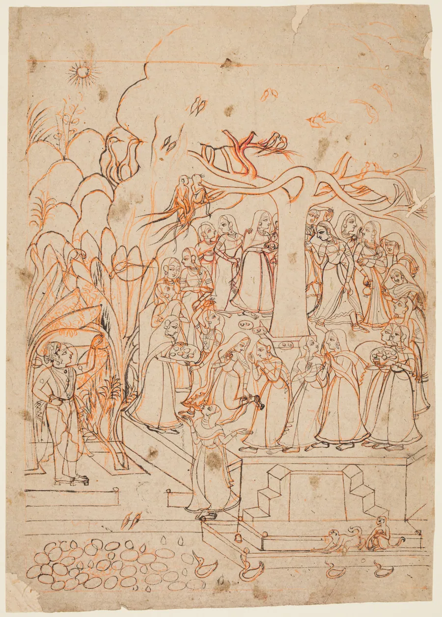 Krishna watches the milkmaids  circumambulating a sacred tree: The month of Jyestha (May–June), from a Barahmasa (The Twelve Months)