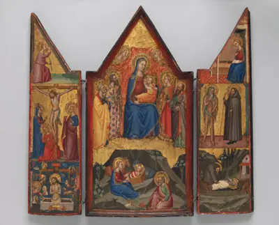 Madonna and Child Enthroned with Saints Peter, Bartholomew, Catherine of Alexandria, and Paul, and (below) the Nativity; left wing (top to bottom): Annunciatory Angel, Crucified Christ with the Virgin, Saints Mary Magdalen and John, and Christ as the Man of Sorrows; right wing (top to bottom): Virgin Annunciate, Saints Onophrius and Paphnutius, and Saint Onophrius Buried by Saint Paphnutius.