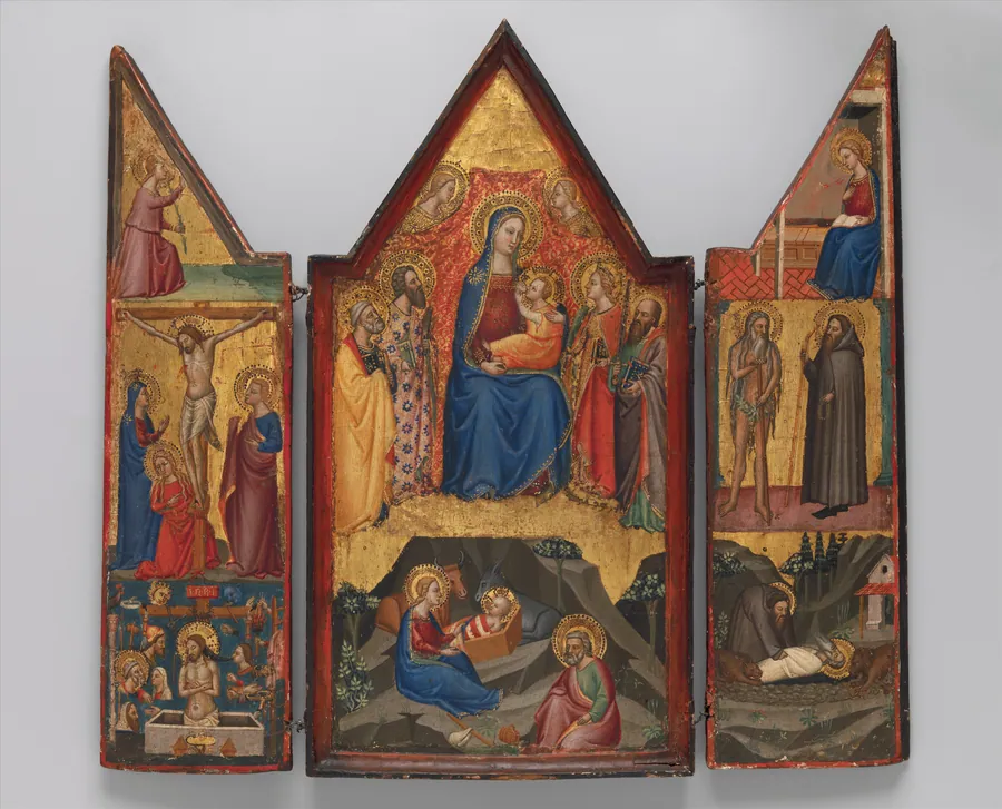 Madonna and Child Enthroned with Saints Peter, Bartholomew, Catherine of Alexandria, and Paul, and (below) the Nativity; left wing (top to bottom): Annunciatory Angel, Crucified Christ with the Virgin, Saints Mary Magdalen and John, and Christ as the Man of Sorrows; right wing (top to bottom): Virgin Annunciate, Saints Onophrius and Paphnutius, and Saint Onophrius Buried by Saint Paphnutius. by Tommaso del Mazza