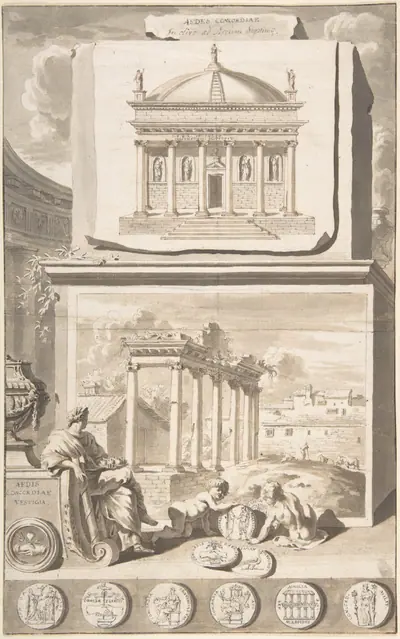 A Reconstruction of the Aedes Concordiae (above) and a View of the Ruins (below)