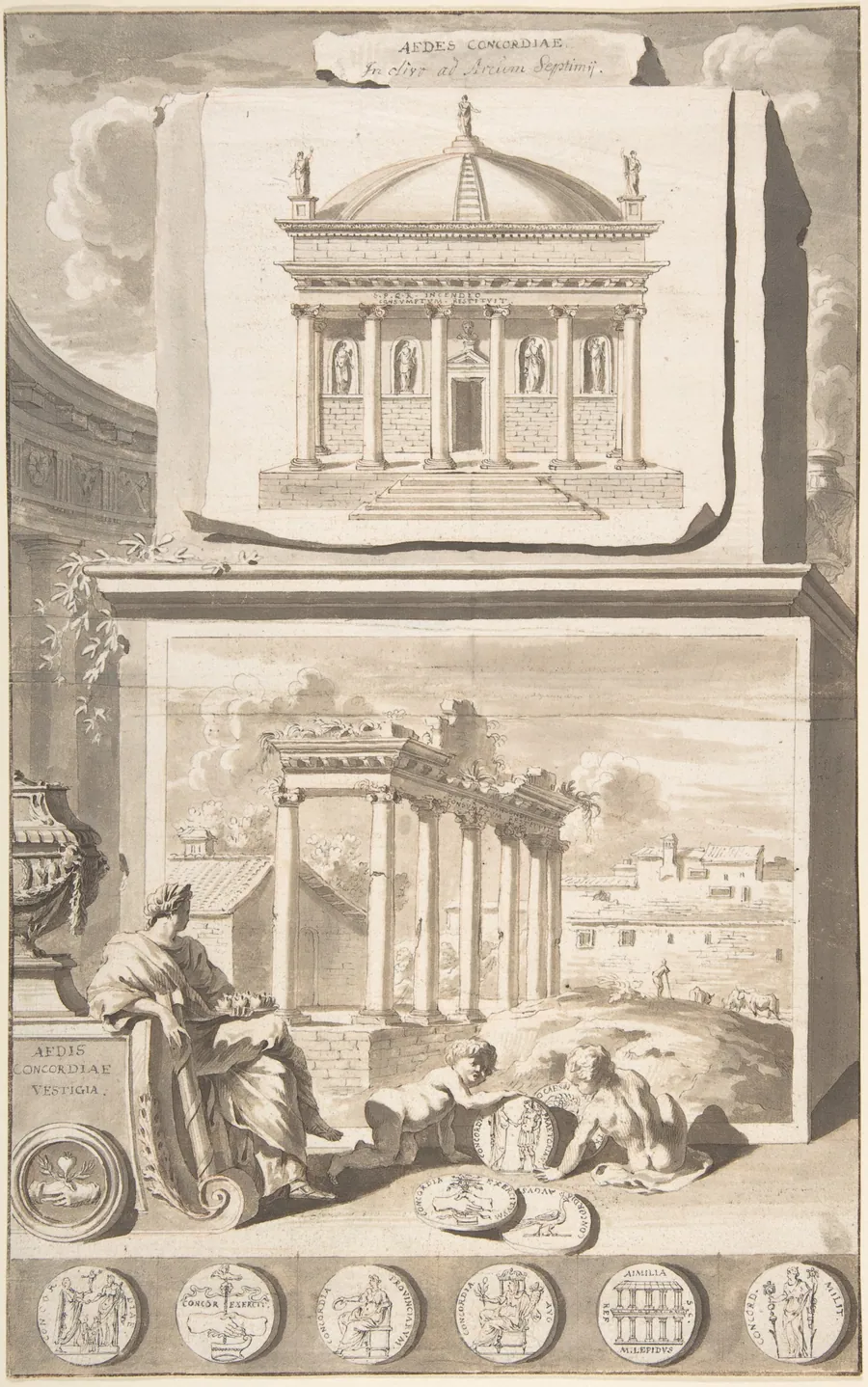 A Reconstruction of the Aedes Concordiae (above) and a View of the Ruins (below) by Jan Goeree