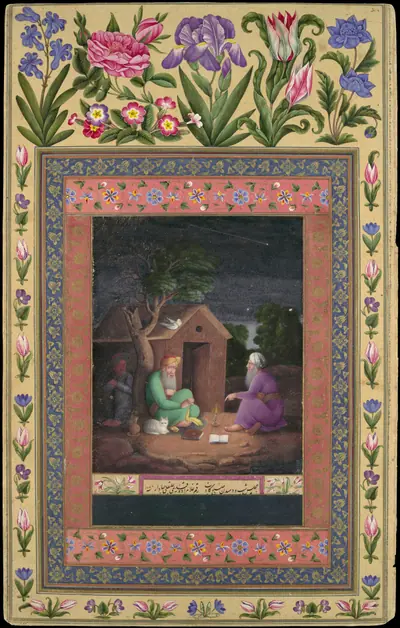 "Two Old Men in Discussion Outside a Hut", Folio from the Davis Album