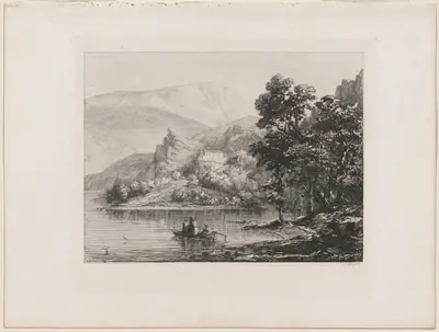 Mountain Lake with Monks in a Boat