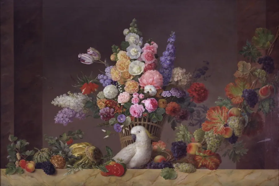 En kurv med blomster, en kakadue og en frugtranke by J.L. Camradt
