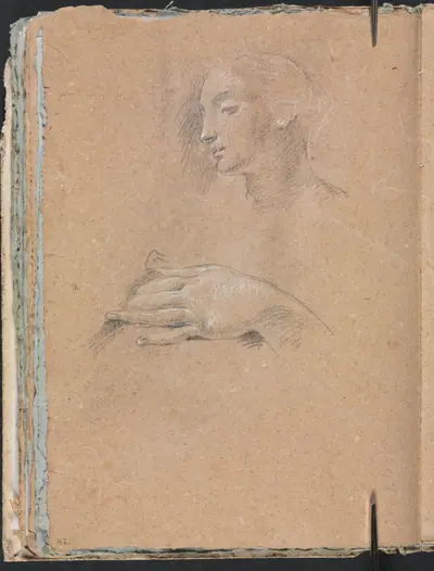 Verona Sketchbook: Female head and left hand (page 42)