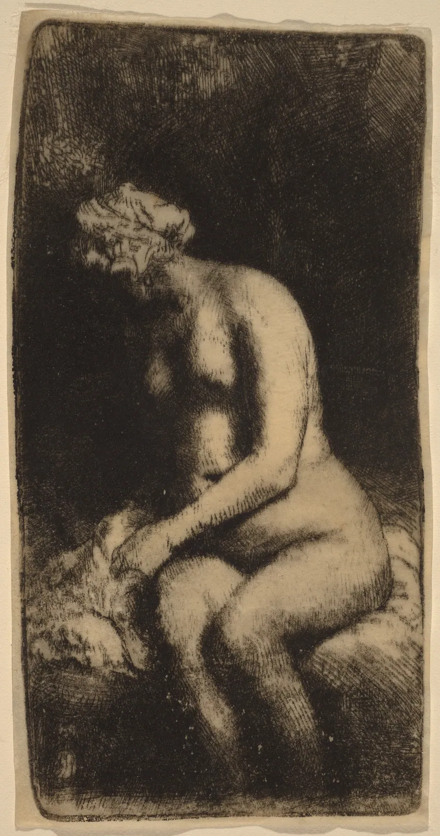 Nude Seated on a Bench with a Pillow (Woman Bathing Her Feet at a Brook) by Rembrandt van Rijn