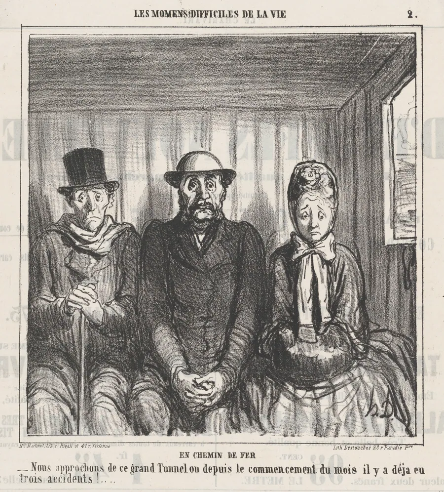 On the train, from 'The difficult moments of life,' published in Le Charivari, March 12, 1864 by Honoré Daumier
