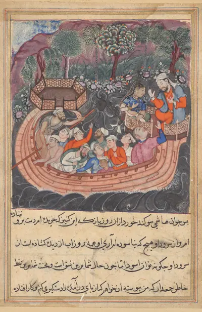 The young man of Baghdad reveals his true identity to the Hashimi, from a Tuti-nama (Tales of a Parrot: Forty-eighth Night