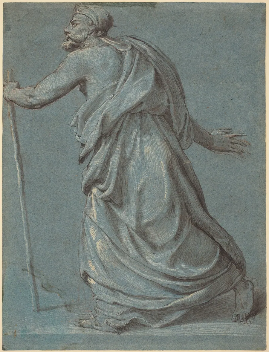 Study of a Man Walking towards the Left Holding a Staff by Girolamo Siciolante