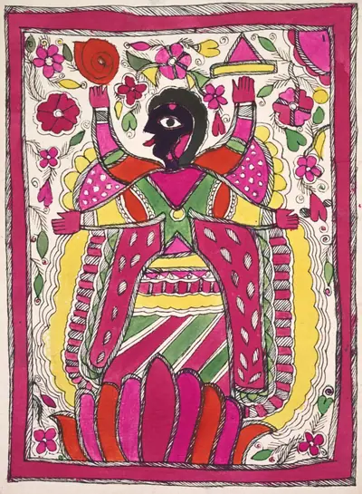 Large, multi-armed figure facing left
