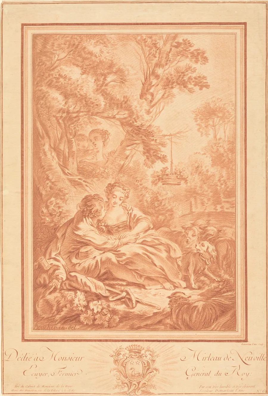 Two Lovers Seated at the Foot of a Large Tree, Surprised by Two Girls by Gilles Demarteau the Elder