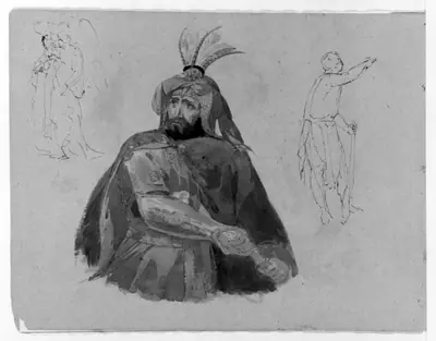 Half-length Bearded Man in Armor and Cape, Drawing Sword (Macbeth?); Three Standing Angels (or Witches?); Male Figure in Skins (from Sketchbook)