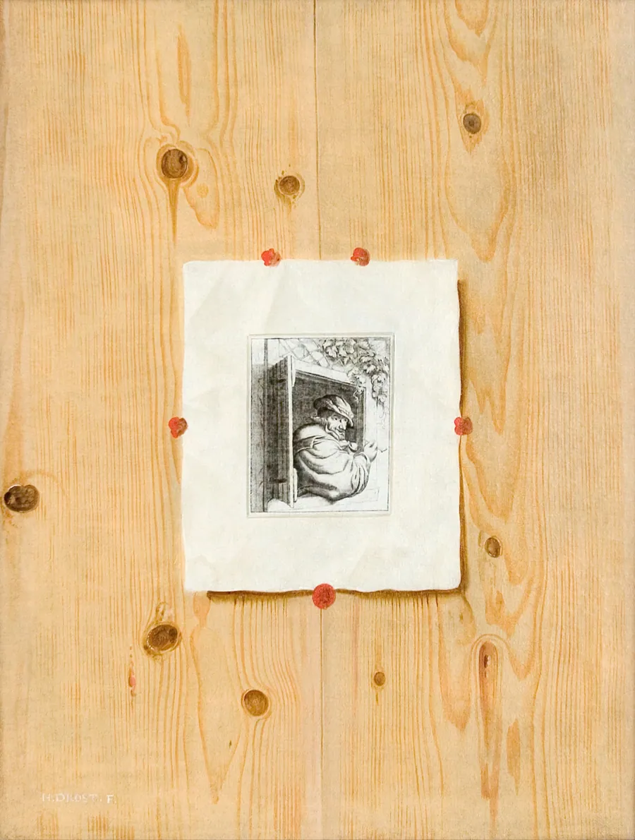 Trompe l´oeil. Bræddevæg med en radering af en mand med en pibe. by H. Drost