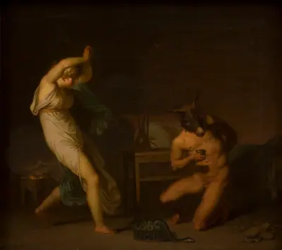 Tjenestepigen Fotis forfærdes over, at heksesalven forvandler hendes elsker Lucius til et æsel og ikke til en fugl. Motiv fra Apulejus: Det gyldne æsel