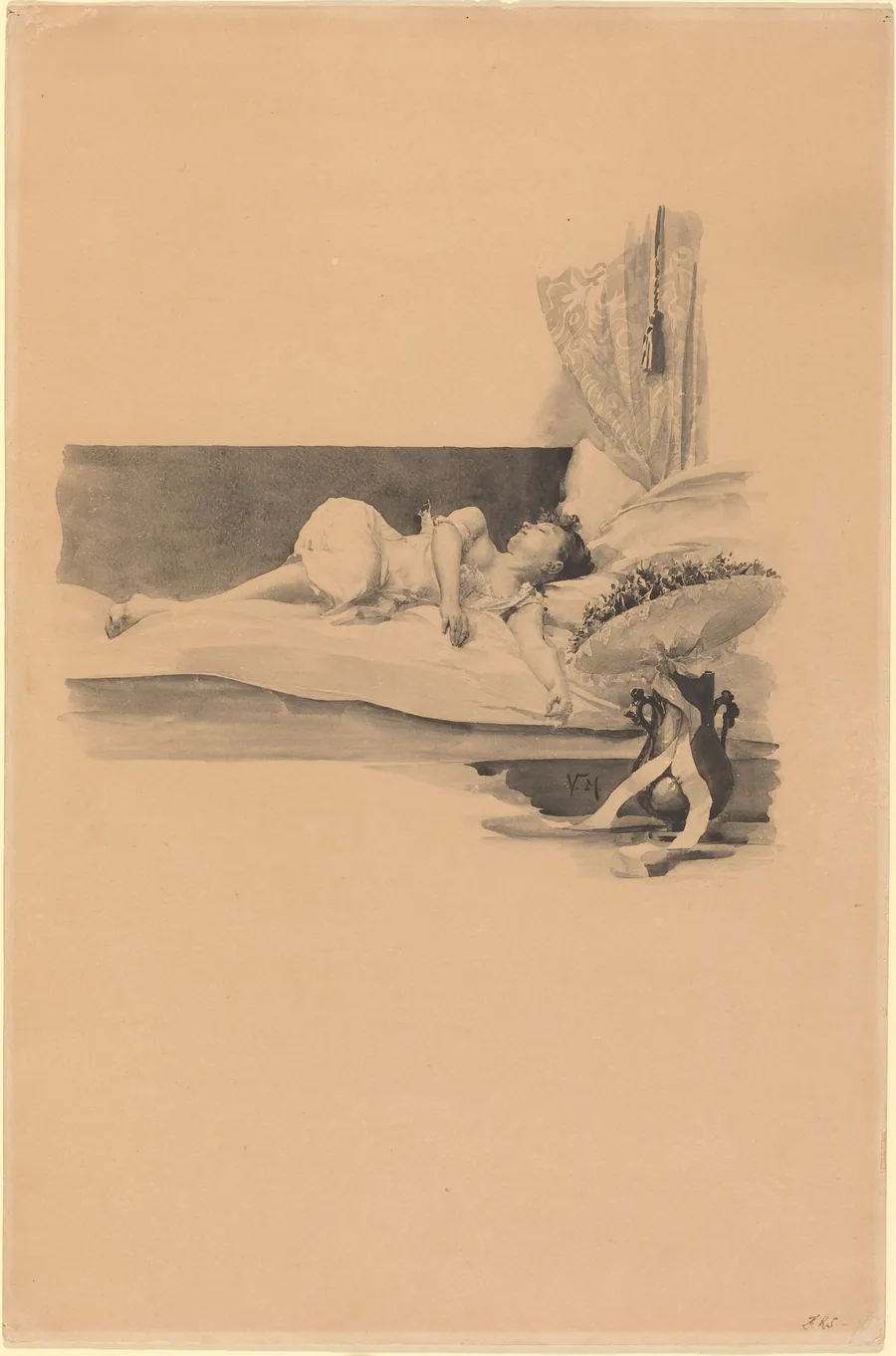 Illustration for "Jestrab Kontra Hrdlicka, XXII" (Girl asleep on a bed) by Karel Vitezslav Masek