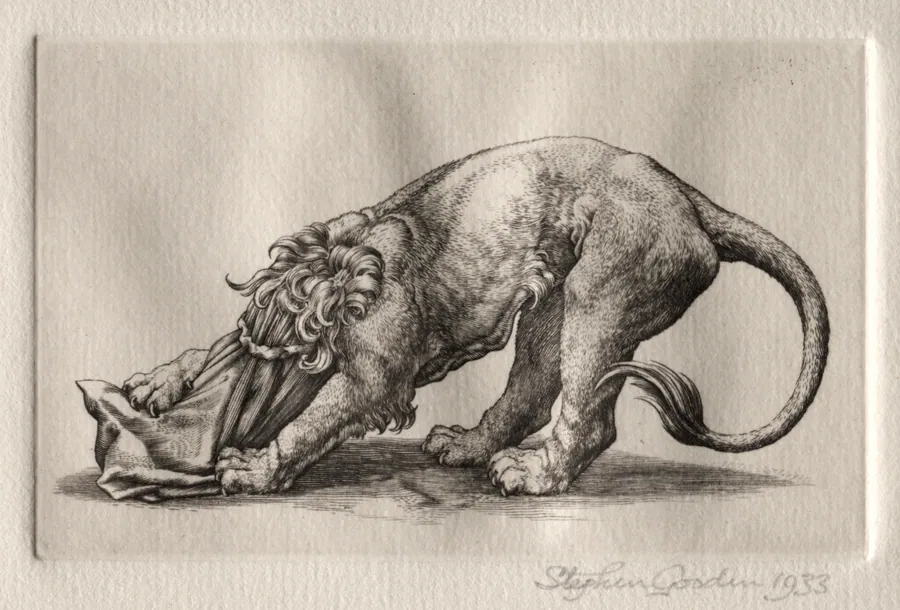 Illustration for "Peronnik the Fool":  A Lion Tearing at a Sack by Stephen Gooden