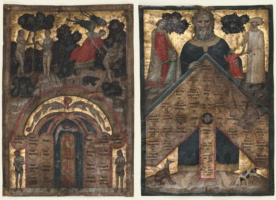 Leaves from a Volume of Johannes Andrea's "Lectura super arboris consanguinitatis et affinitatis: Table of Affinity and Table of Consanguinity" by Master of the Register of 1328