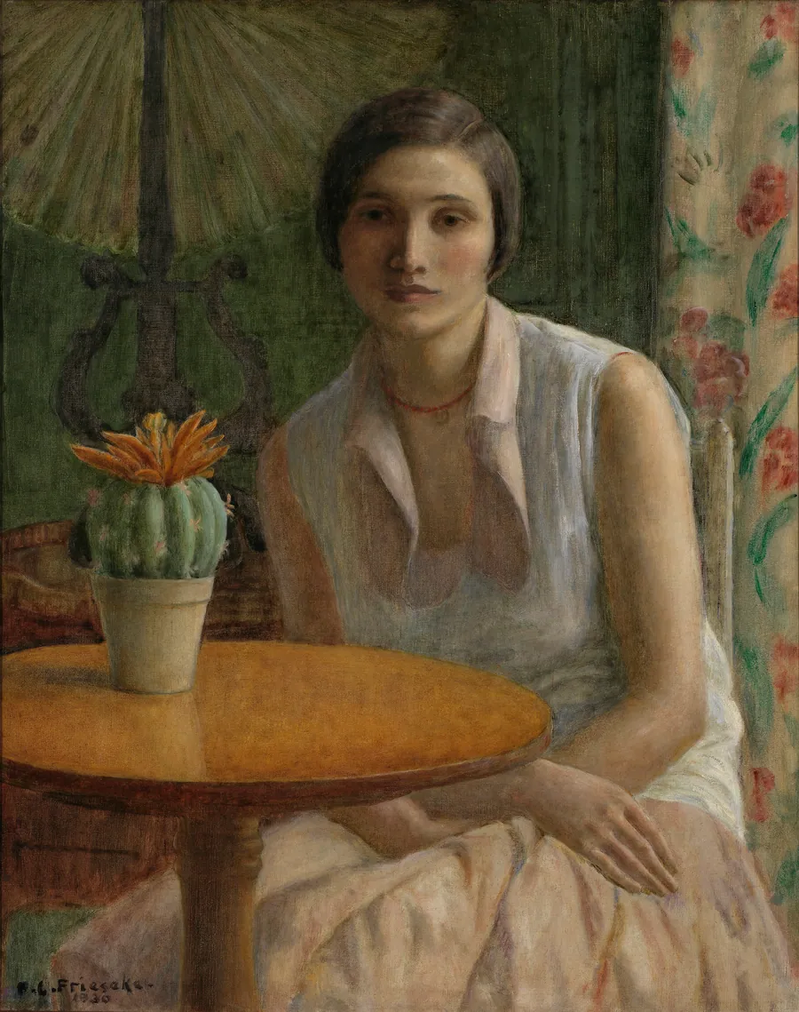 Portrait of a Woman (with Cactus) by Frederick Carl Frieseke, born Owosso, MI 1874-died Le Mesnil-sur-Blangy, France 1939