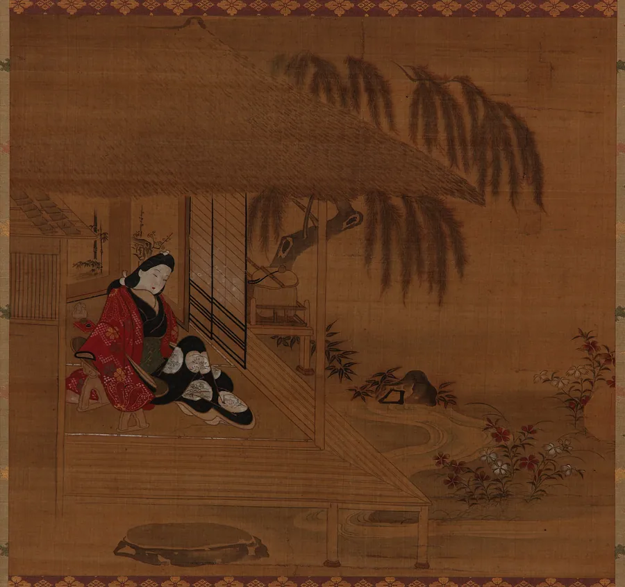 Garden; interior and seated girl by Furuyama Moroshige 古山師重 (ca. 1678-1698)