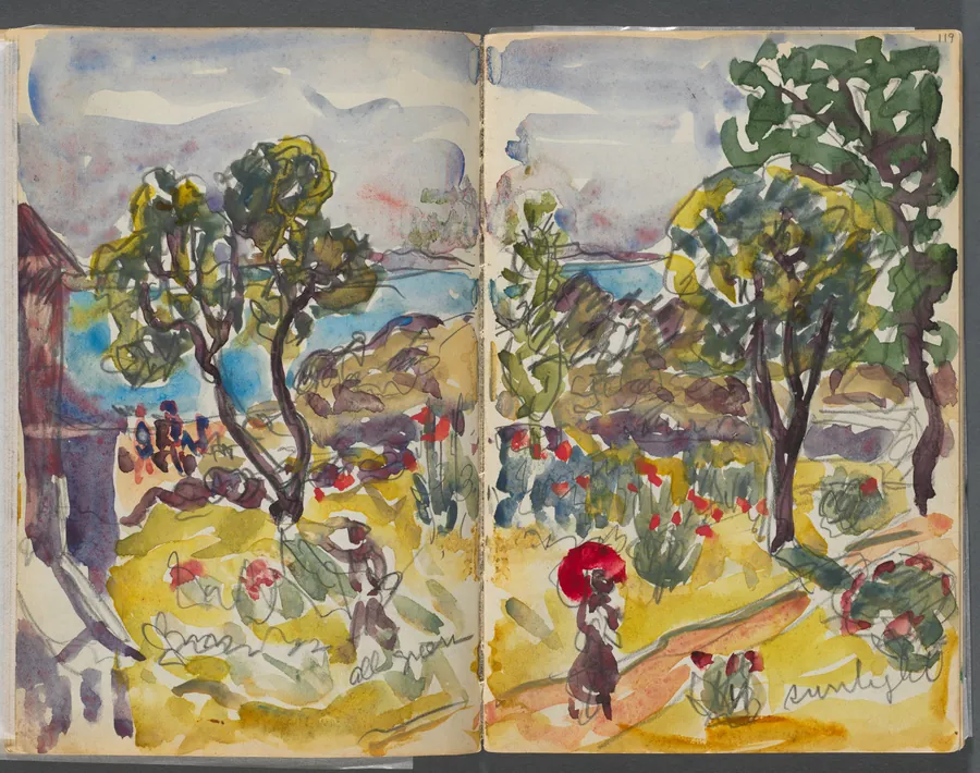Sketchbook- The Granite Shore Hotel, Rockport, page 118 &119: Garden View with Notations by Maurice Prendergast