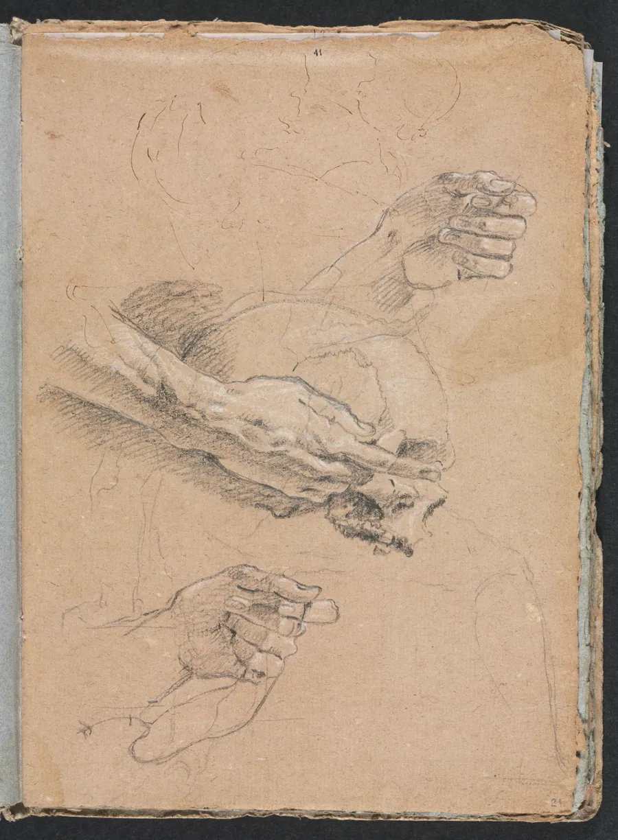 Verona Sketchbook:Study of hands and skull (page 21) by Francesco Lorenzi
