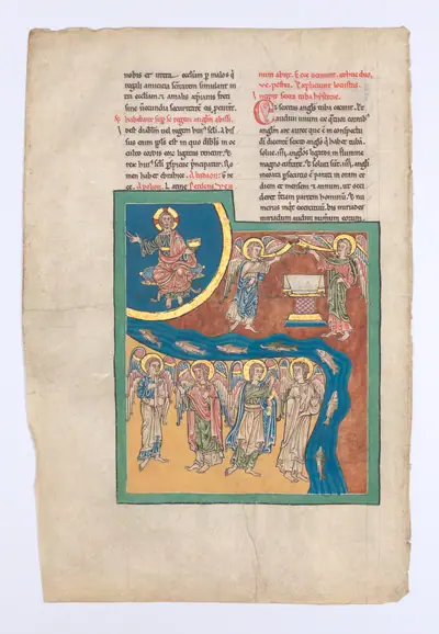 Leaf from a Beatus Manuscript: the Sixth Angel Delivers the Four Angels that had been Bound at the River Euphrates; an Altar Appears in the Heavens as the Enthroned Christ Raises His Hand in Blessing