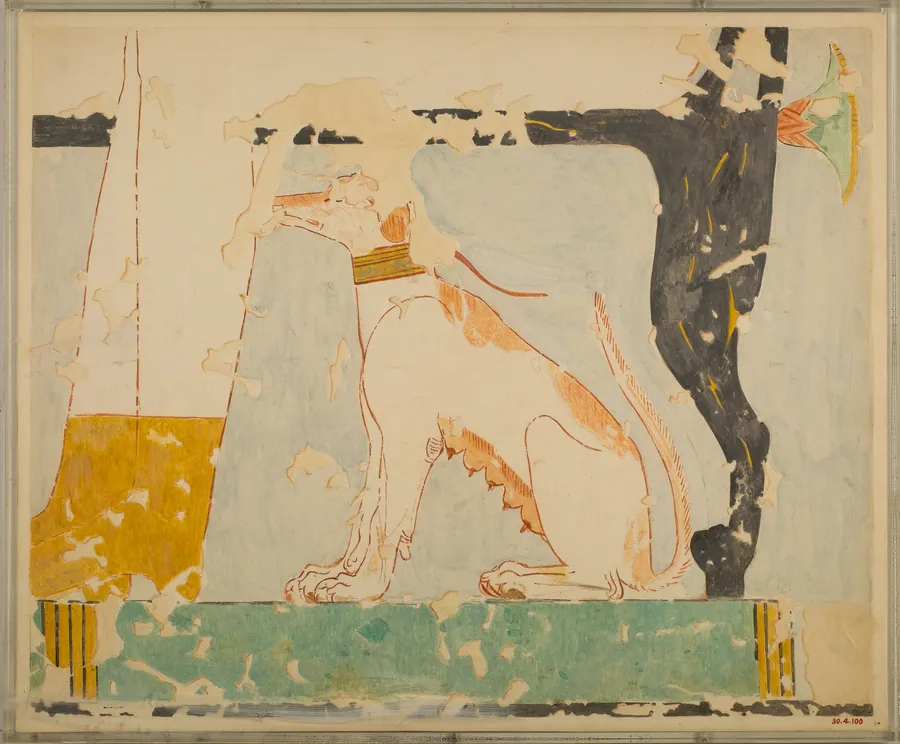 Facsimile of a painting in the tomb of Nebamun: dog seated beneath Its owner's chair by Charles K. Wilkinson