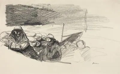 a) Two Soldiers in a Trench (recto); b) Interior with Figures Seated Behind Table (verso)