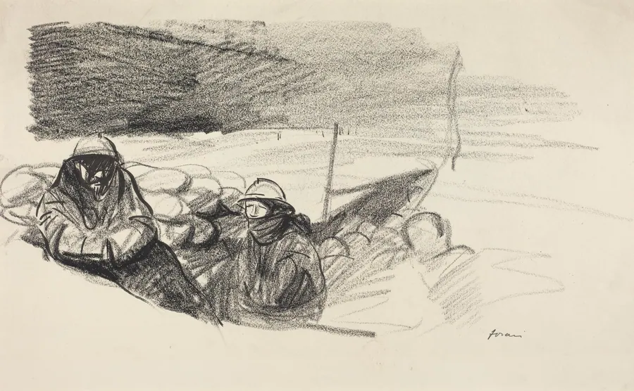 a) Two Soldiers in a Trench (recto); b) Interior with Figures Seated Behind Table (verso) by Jean-Louis Forain