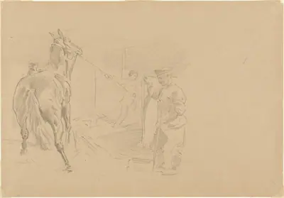 Man Pulling a Horse into a Stall