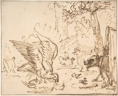 Barnyard Scene: two birds fighting (recto)Studies of Birds(verso)