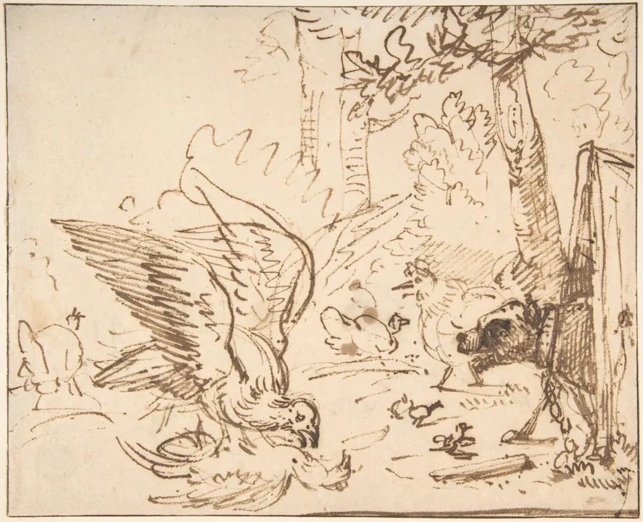 Barnyard Scene: two birds fighting (recto)Studies of Birds(verso) by Anthonie van Borssom