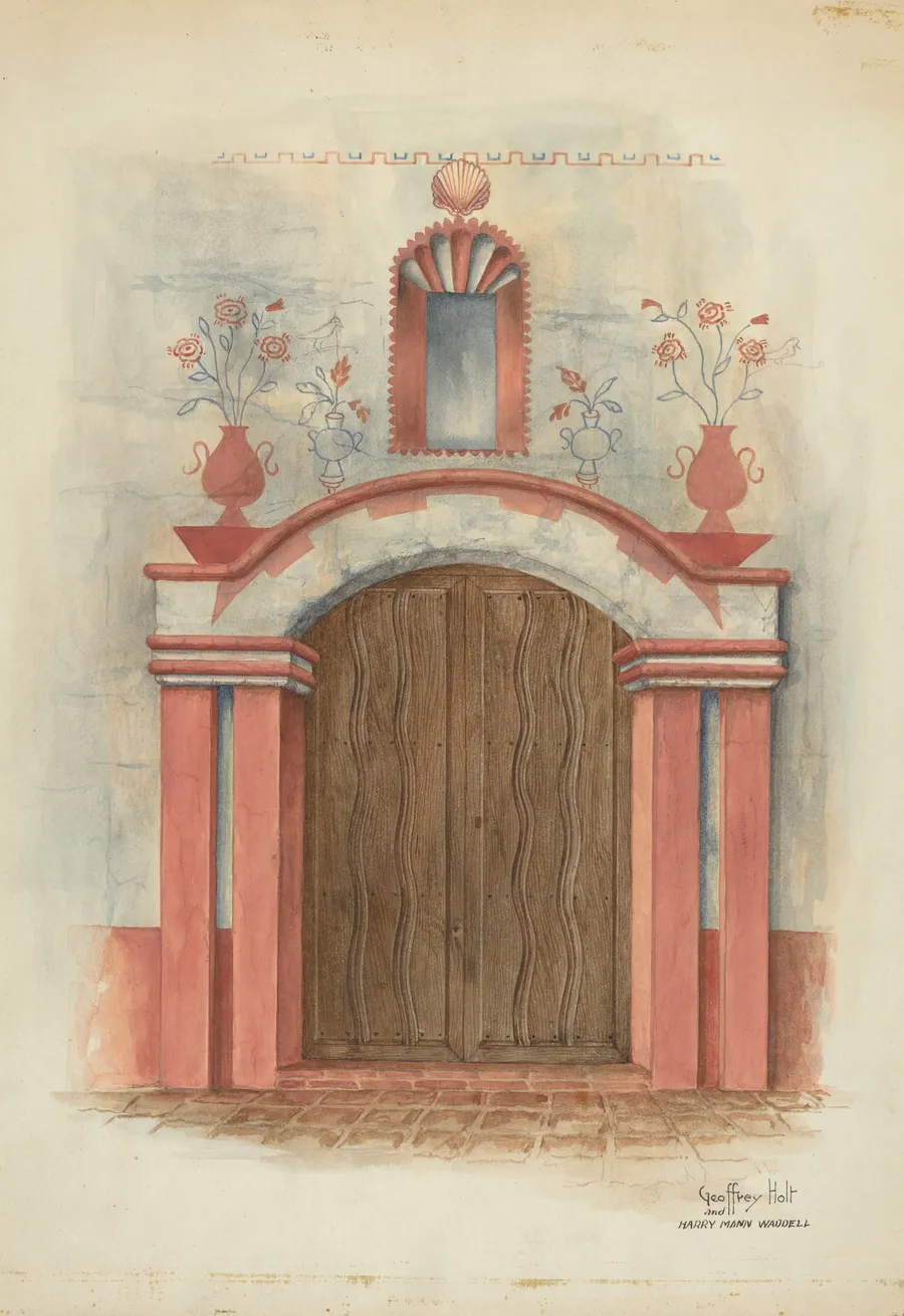Restoration Drawing: Main Doorway, with Decorations, Mission House by Harry Mann Waddell