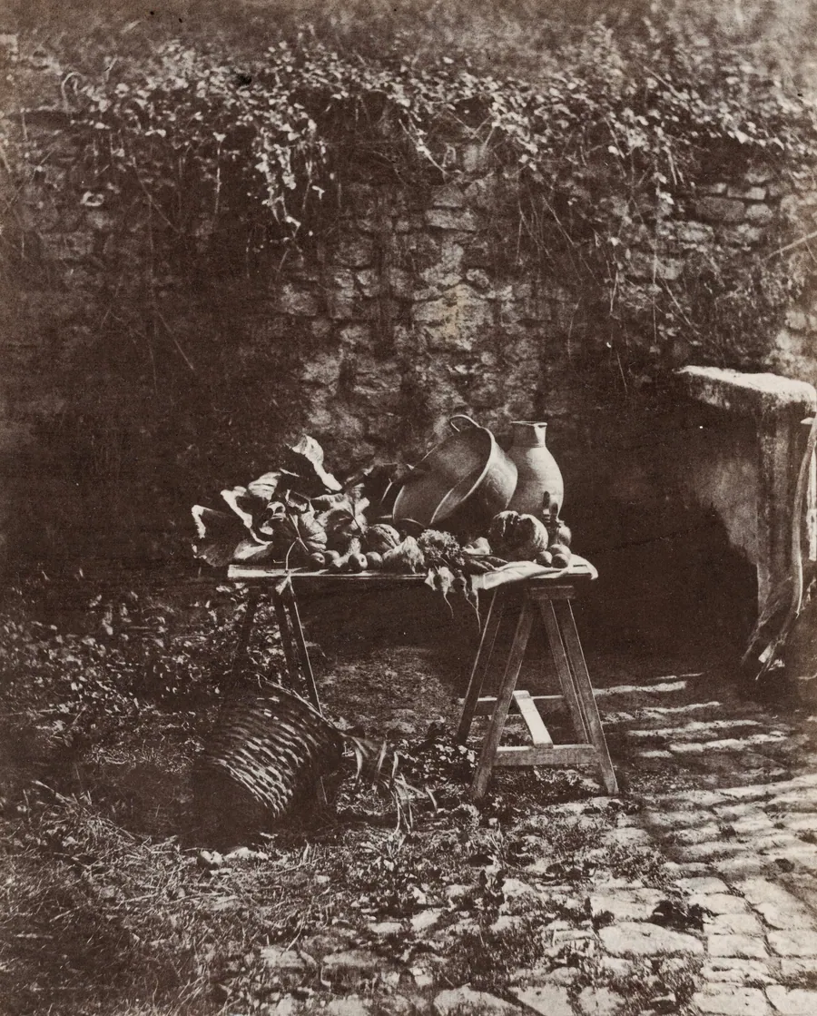 Nature Morte: chaudron, cruche et legumes, sur une table a tretaux (Still Life: Pot, Pitcher and Vegetables on a Sawhorse Table) by Henri-Victor Regnault