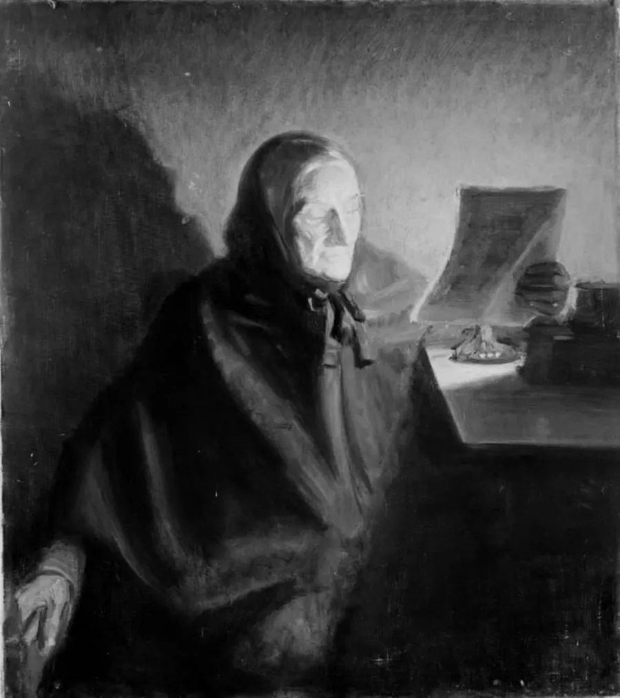 En gammel kone, der læser et brev. Ane hedvig Brøndum, kunstnerens svigermoder by Michael Ancher
