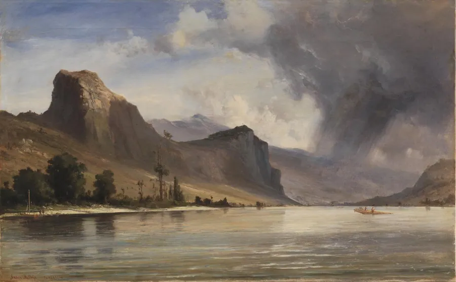 Kystlandskab med bjerge. Optrækkende uvejr by Anton Melbye