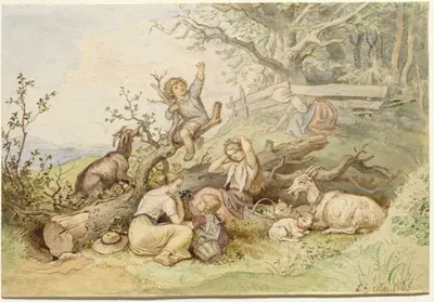 Children and Goats Resting by a Felled Tree
