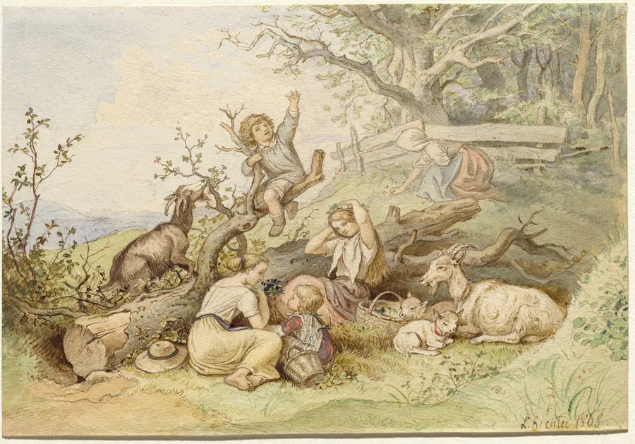 Children and Goats Resting by a Felled Tree by Ludwig Richter