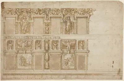 A Palatial Wall Ornamented with Sculptures and Paintings