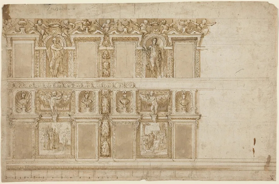 A Palatial Wall Ornamented with Sculptures and Paintings by Andrea Semino
