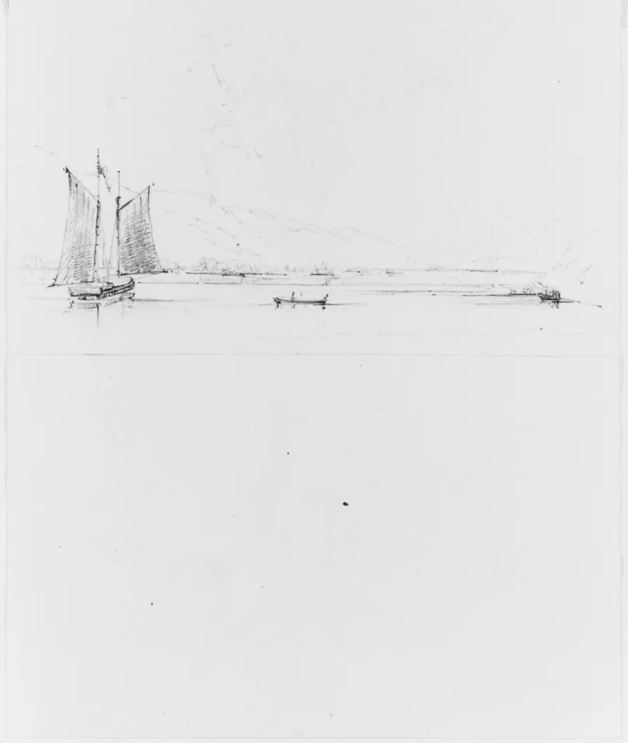 Study of Lake, with Sailboat and Canoe, Set Against Mountains (from Sketchbook) by John William Casilear