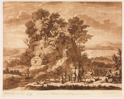 Liber Veritatis: No. 138, A View of the Sea, with Christ Preaching on the Mount (the water below may probably be intended for the Sea of Tiberius)
