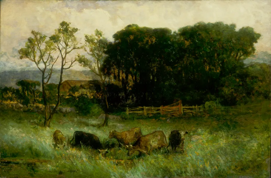 Untitled (five cows in pasture) by Edward Mitchell Bannister, born St. Andrews, New Brunswick, Canada 1828-died Providence, RI 1901